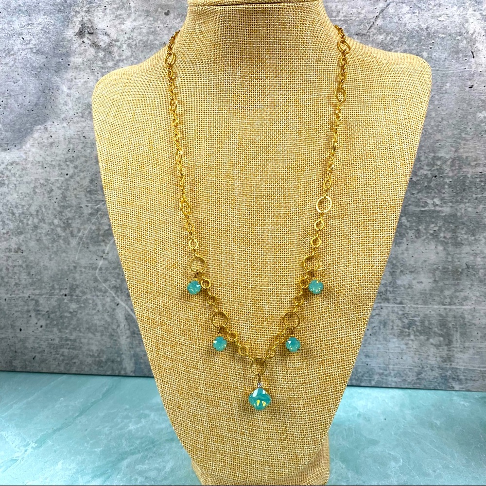 Clara Beau blue crystal dangle charm necklace gold tone